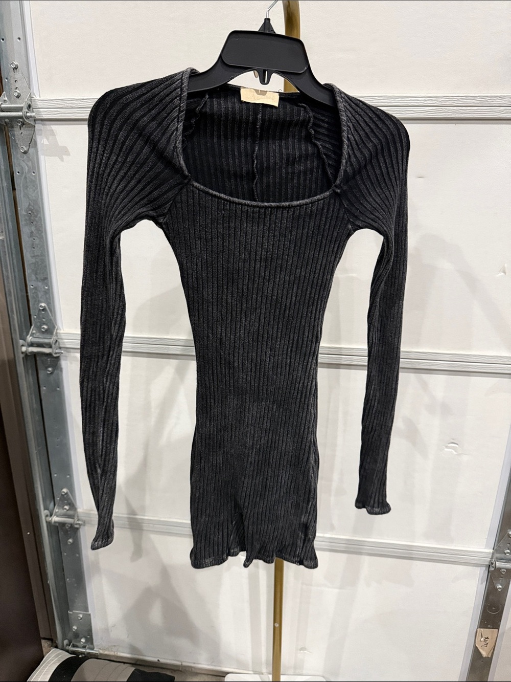 La luxe Ribbed Long-Sleeve Bodycon romper- Charcoal Black